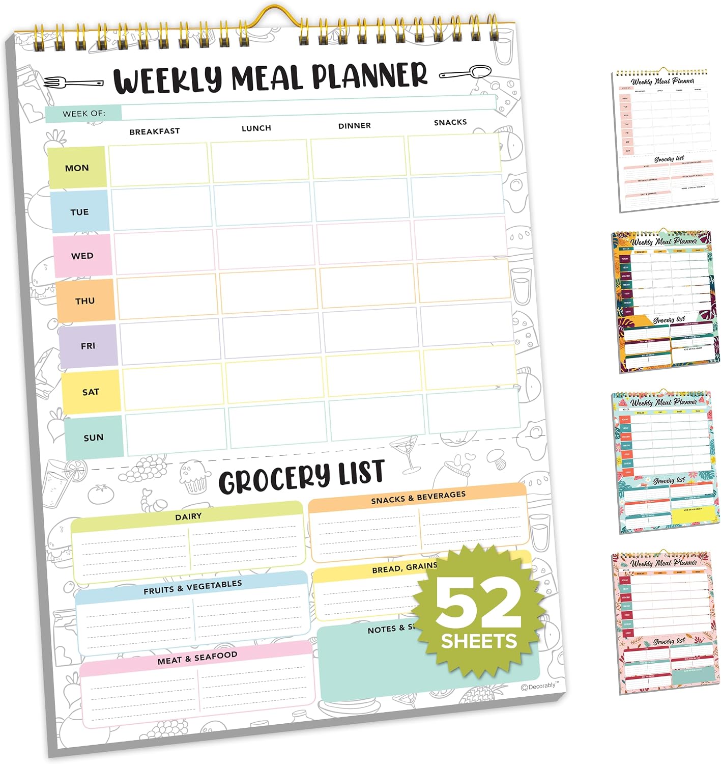 Decorably 52 Sheets Pastel Rainbow Magnetic Weekly Meal Planner for Fridge | 7x10in Undated weekly meal planner and grocery list notepad, 100gsm non-bleed tear-off pad for kitchen & family meal prep