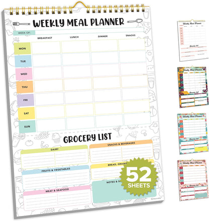 Decorably 52 Sheets Pastel Rainbow Magnetic Weekly Meal Planner for Fridge | 7x10in Undated weekly meal planner and grocery list notepad, 100gsm non-bleed tear-off pad for kitchen & family meal prep