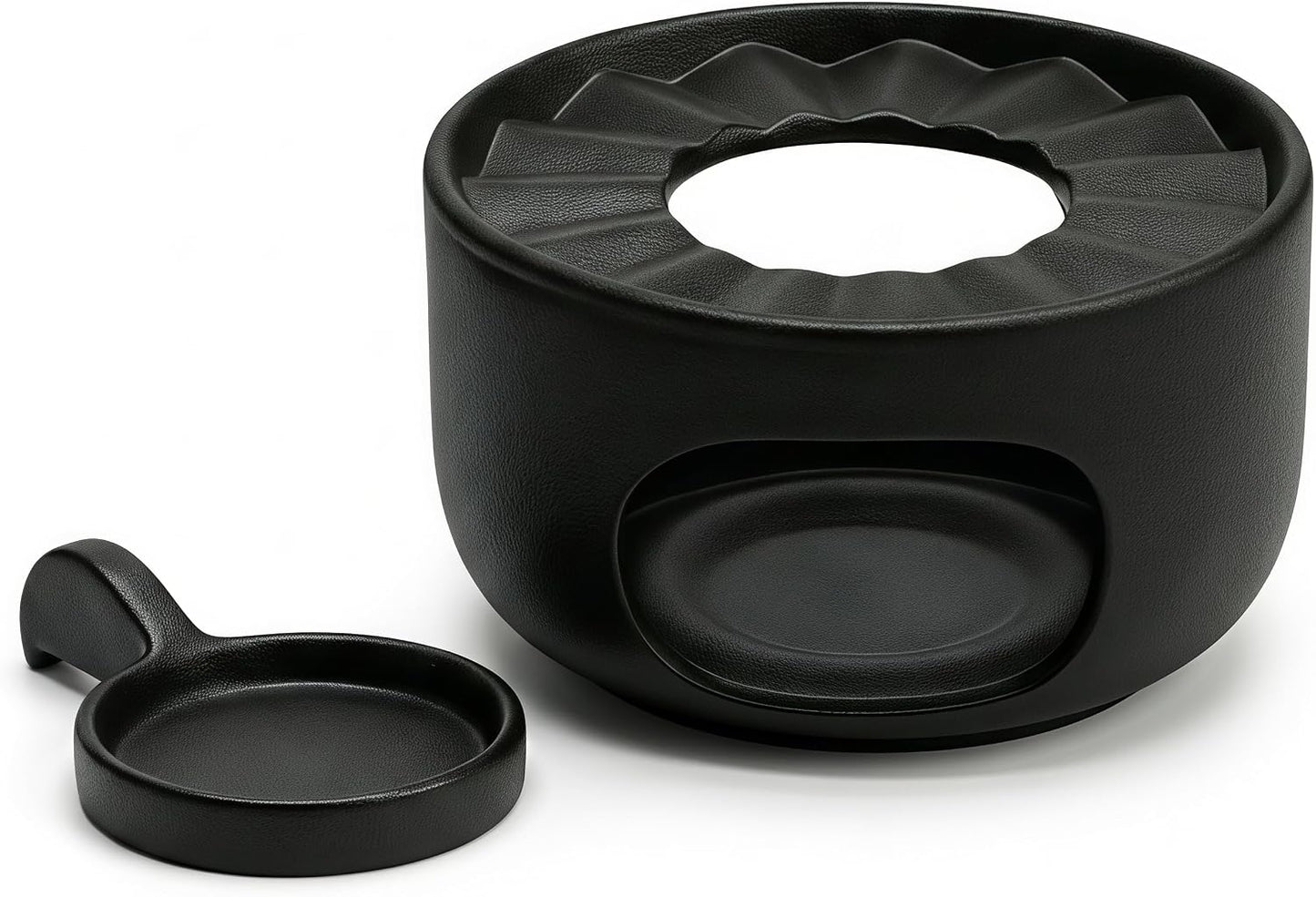 Ceramic Teapot Warmer with Removable Candle Spoon, Tea Pot Warmer Base | Deep matte black finish; 4.72 in low-profile base fits flat-bottom glass or ceramic teapots and uses a standard tealight.