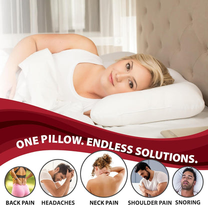 Ergonomic Cervical Pillow for Neck Pain Relief Back & Side Sleepers MID WH | Patented D-shaped center cradles the head while dual neck rolls support proper cervical alignment for restful sleep.