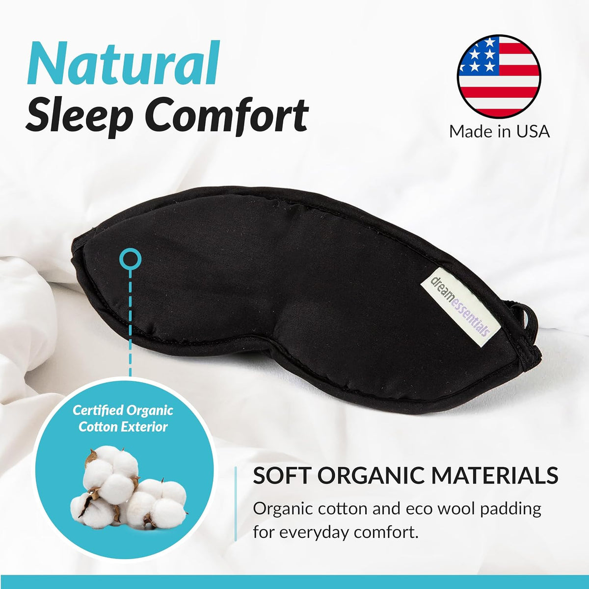 Dream Essentials Natura Organic Cotton Sleep Mask | Twilight Blue | Eye Mask for Sleeping, Light Blocking Soft Sleep Eye Cover with Eco Wool Padding | Made in USA Travel Accessories