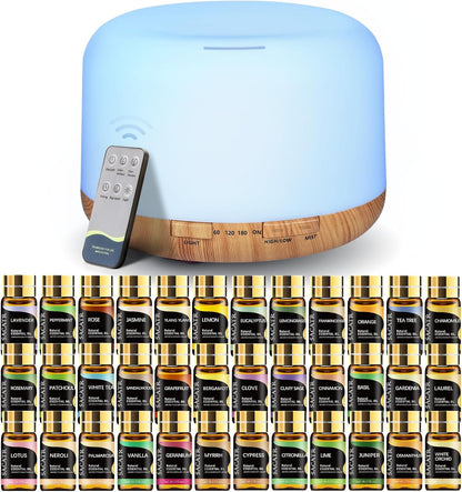SACATR 550ml Oil Diffuser with 30x5 mL Essential Oils, Ultrasonic Technology, Remote Control for Home Office
