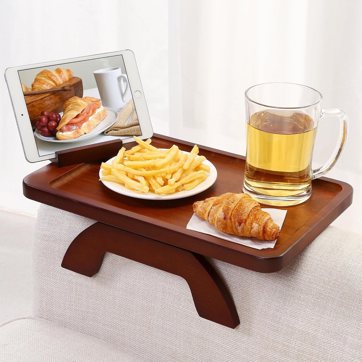 Couch Arm Tray,Bamboo Sofa Clip on Side Table,Foldable Couch Armrest Table with 360°Rotating Phone Holder,Anti Slip Food Trays for Eating/Drinks/Snacks/Remotes 15.35" x 9.85"