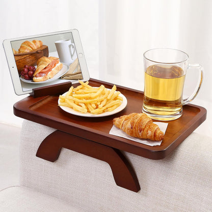 Couch Arm Tray,Bamboo Sofa Clip on Side Table,Foldable Couch Armrest Table with 360°Rotating Phone Holder,Anti Slip Food Trays for Eating/Drinks/Snacks/Remotes 15.35" x 9.85"