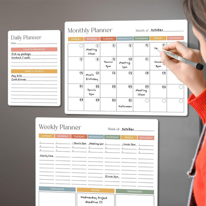 Beautiful Magnetic Dry Erase Calendar Set of 3 - Whiteboard with Marker | Easy to Erase Magnet Calendars for Your Fridge - The Perfect Weekly and Monthly White Board Organizer for Everyday Planning