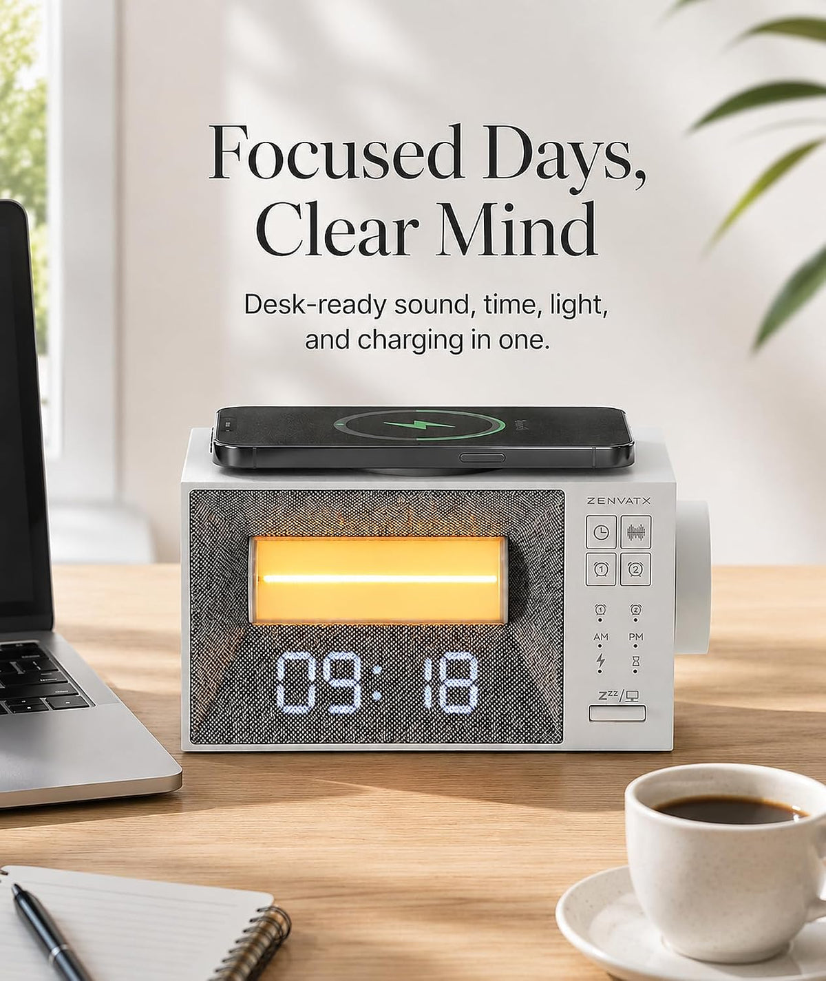 Sound Machine Alarm Clock with Wireless Charger for Bedroom, Hotel
