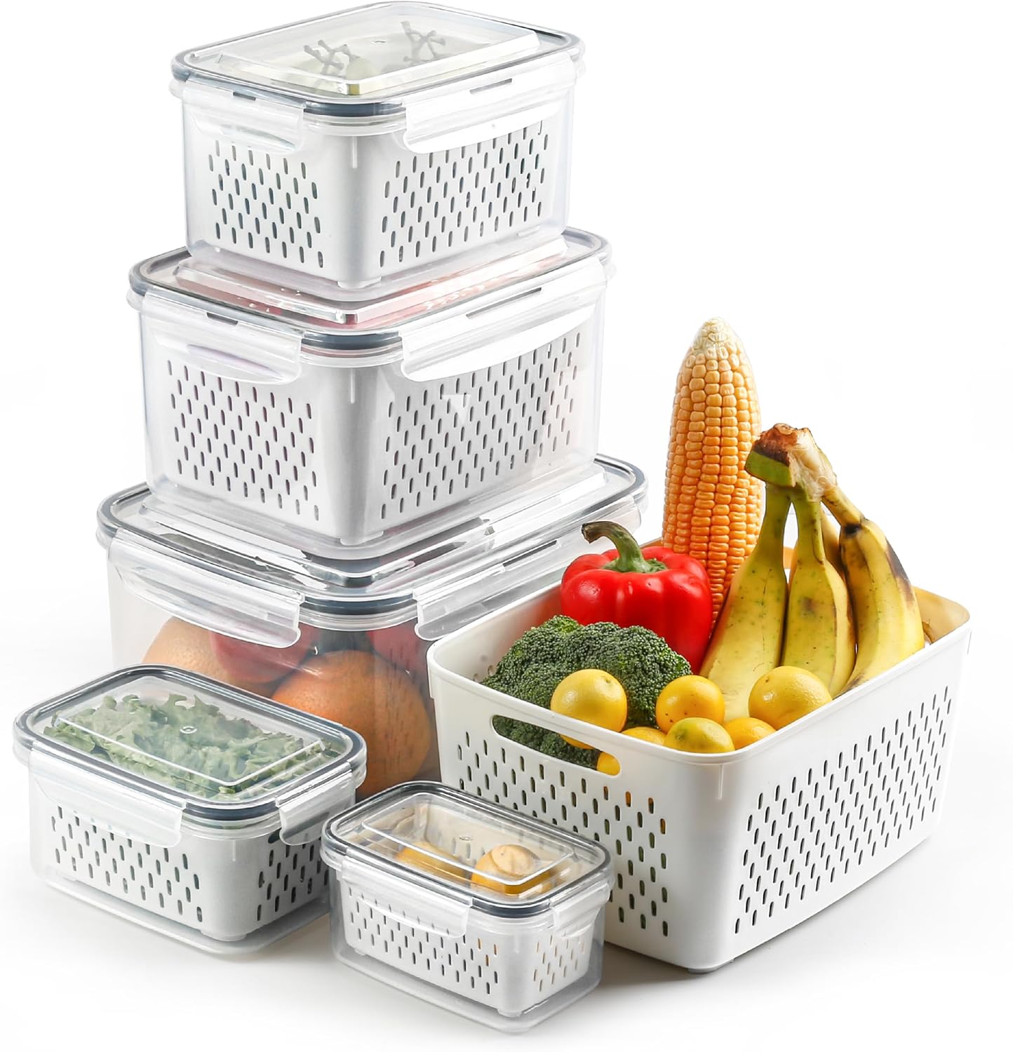 5 Set Fruit Storage Containers for Fridge with Colander, Produce & Veggie | Dishwasher safe, leakproof BPA-free plastic, stackable vegetable& fruit saver for refrigerator, keep berry salad meat fresh