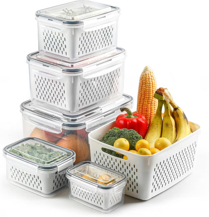 5 Set Fruit Storage Containers for Fridge with Colander, Produce & Veggie | Dishwasher safe, leakproof BPA-free plastic, stackable vegetable& fruit saver for refrigerator, keep berry salad meat fresh