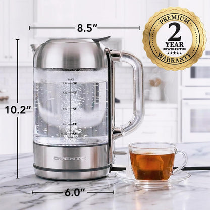 OVENTE 1.7L Double Wall Glass Electric Kettle Water Boiler, Silver KG912S | 1500W Fast Boiling, Easy Fill Lid, Borosilicate Glass, Cool-Touch Design, Blue LED, Auto Shut-Off, Boil-Dry Protection