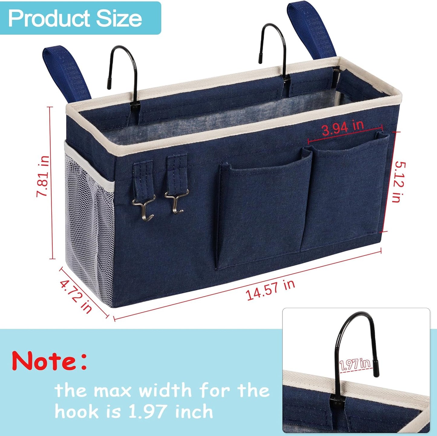 Bedside Caddy, Bedside Storage Bag Hanging Organizer for Bunk Dorm Bed Rail | Bed Caddy with Hooks, Top Bunks and Dorm Essentials for Water, Tissues, Tablets, Books, Phones, Remotes and Other Necessories