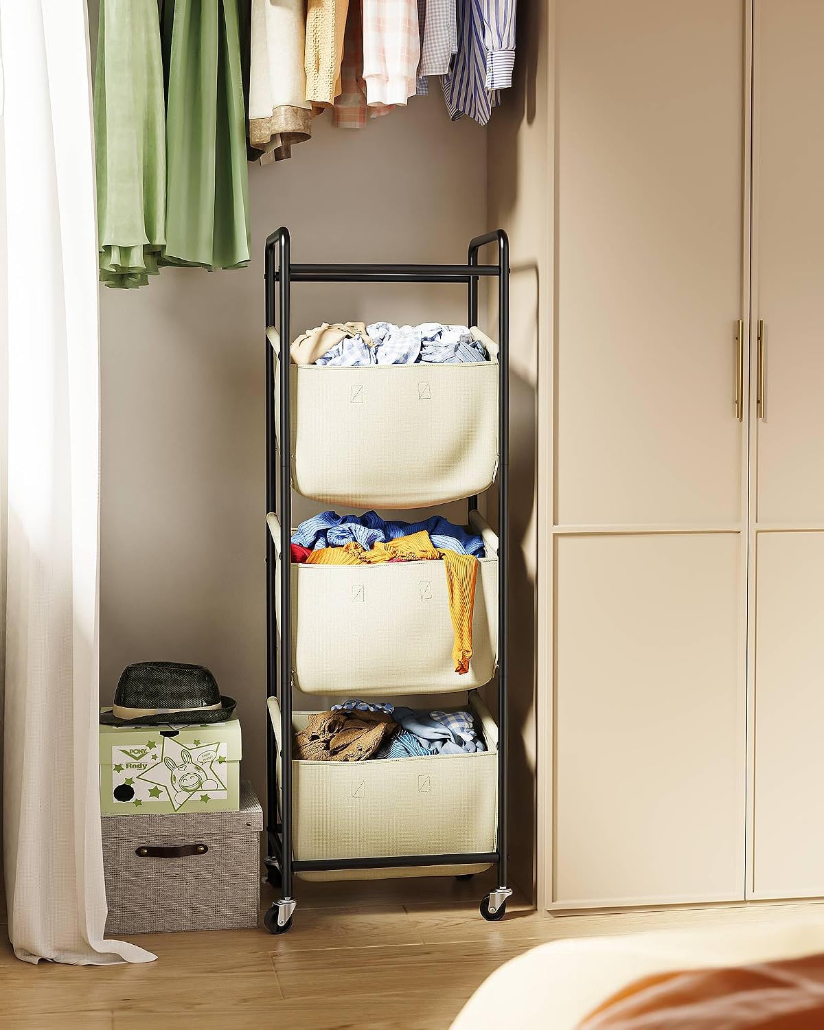3 Section Laundry Sorter with Removable Bags, 120L Rolling Vertical Laundry Hamper, Stackable Laundry Baskets organizer for Bathroom, Apartment, Dorm (Beige, With Wheel)