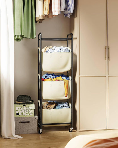 3 Section Laundry Sorter with Removable Bags, 120L Rolling Vertical Laundry Hamper, Stackable Laundry Baskets organizer for Bathroom, Apartment, Dorm (Beige, With Wheel)