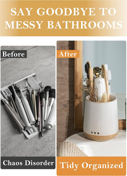 LYEOBOH Ceramic Toothbrush Cup, Cute Toothbrush Holder with Drainage White | Farmhouse Toothbrush Container, Countertop Toothbrush Organizer, Toothbrush Storage for Bathroom Vanity & Countertop