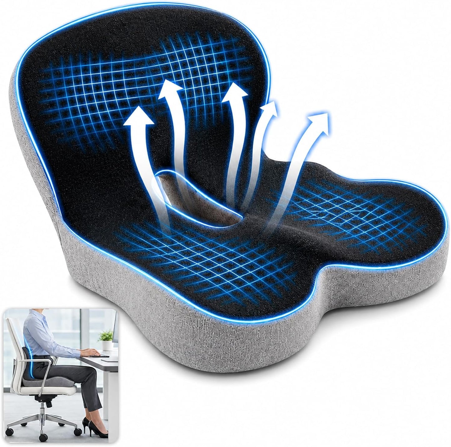Seat Cushion Memory Foam with Ergonomic L-Shaped Extra Wide Support for Lower Back Relief, Comfort Cushion for Office Chair, Car Seat & Gaming Seat, Helps Sciatica Pain, Posture Improvement (Gray)