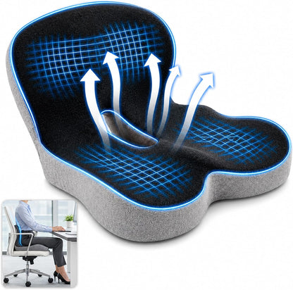 Seat Cushion Memory Foam with Ergonomic L-Shaped Extra Wide Support for Lower Back Relief, Comfort Cushion for Office Chair, Car Seat & Gaming Seat, Helps Sciatica Pain, Posture Improvement (Gray)