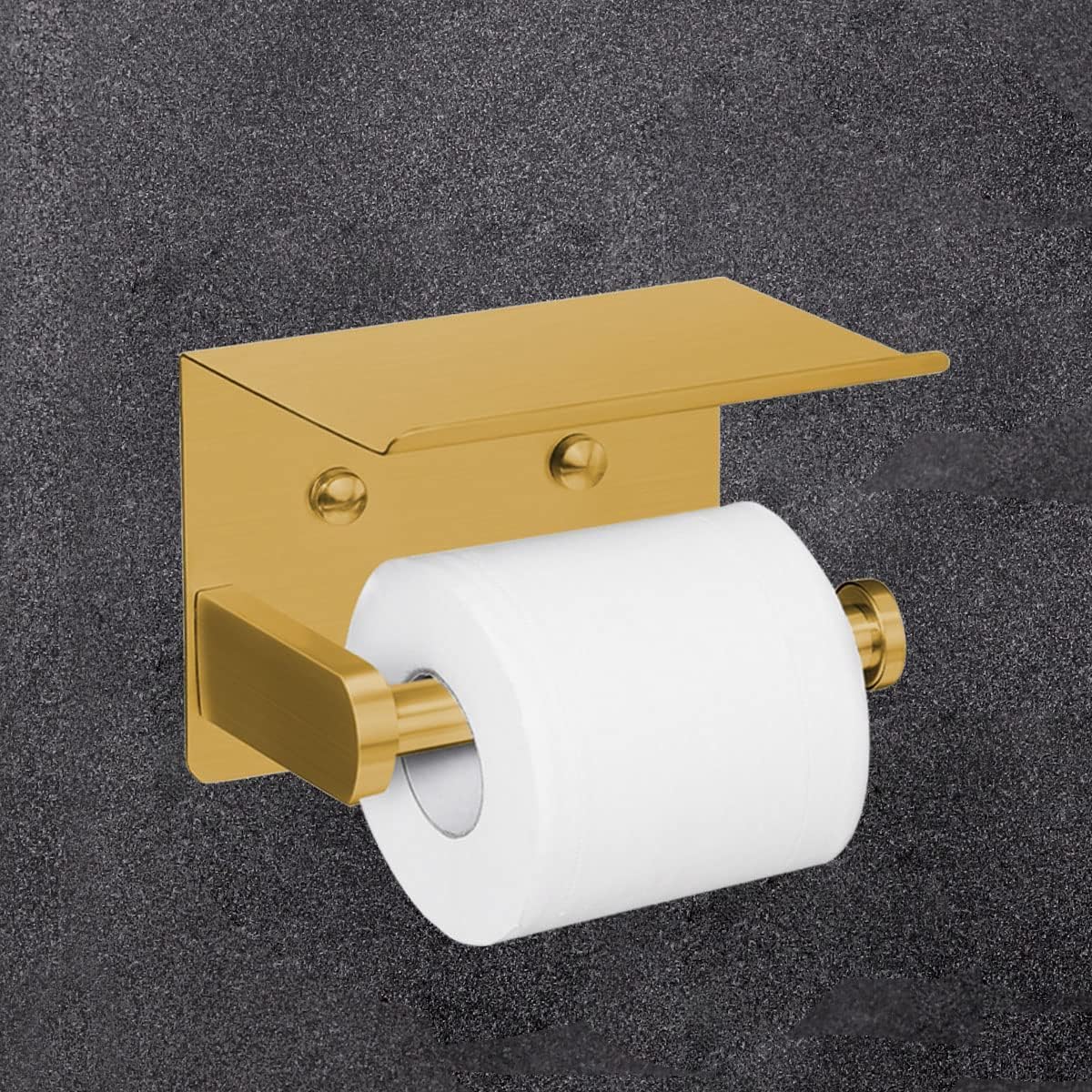 VAEHOLD Self Adhesive Toilet Paper Holder with Phone Shelf Stainless Steel Wall Mounted Toilet Paper Roll Holder - Rustproof and Bathroom Washroom Tissue Roll Holder with Shelf - Black