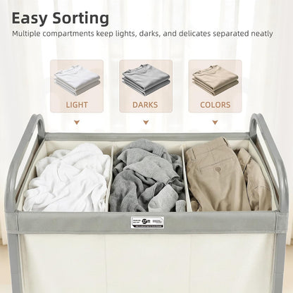 STORAGE MANIAC Laundry Hamper 3 Section with Lid Rolling Laundry Basket | 230L Laundry Sorter Cart 3 Compartment Clothes Hamper on Wheels Metal Handle Oxford Removable Bag Laundry Room Bedroom Beige