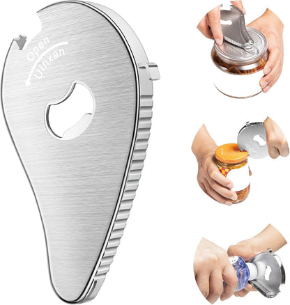 Uinxan 5 in 1 Bottle Opener for Small Jar Lid, Beer, Can Tab, Vacuum Seals | Effortlessly Opens Screw Caps(0.6"-2.7"), Stainless Steel Multi Portable Tool,Ideal for Seniors & Weak Hands (Silver)