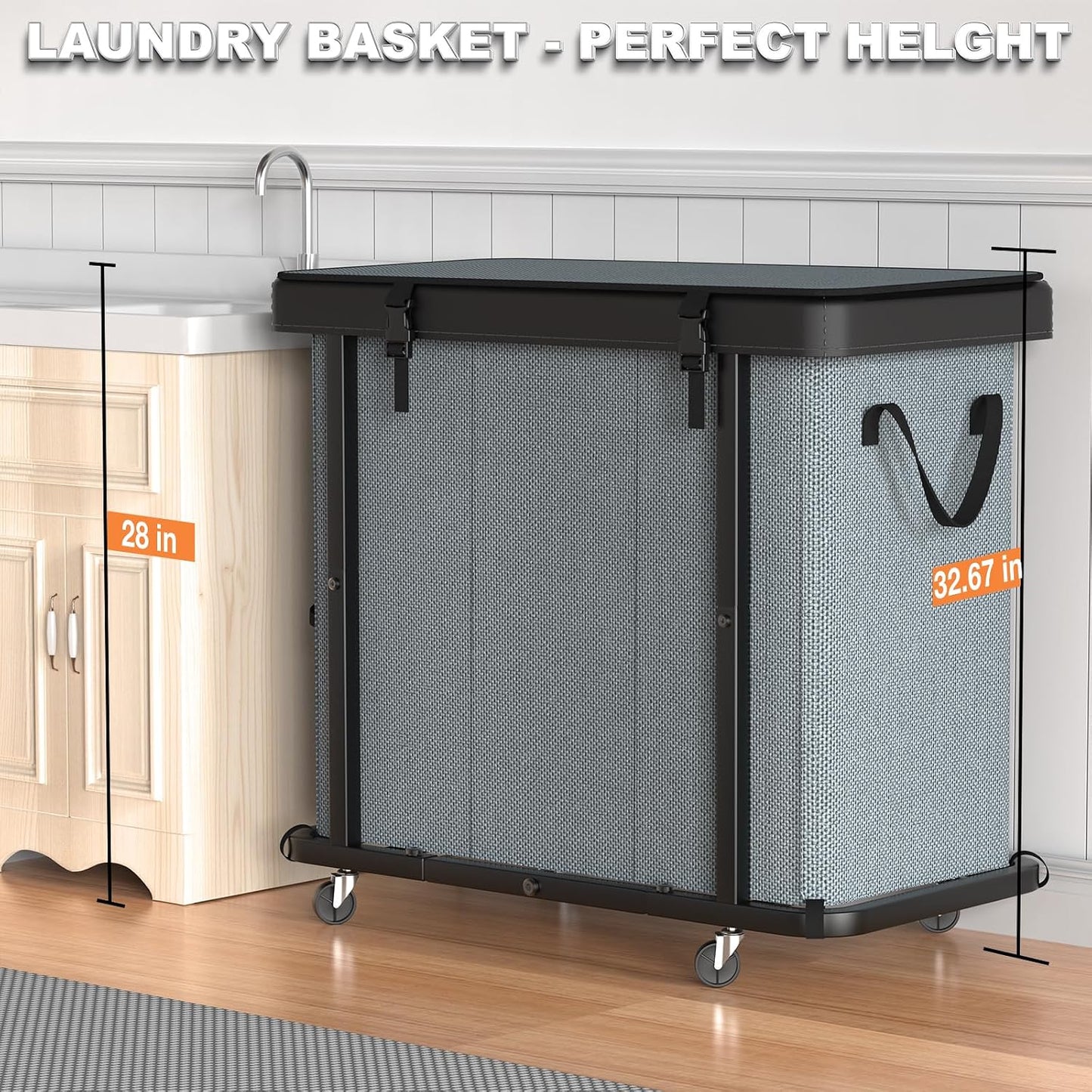 Laundry Hamper with Wheels,150L Leather Patchwork Clothes Hamper Black | Rolling Laundry Basket with Sturdy Metal Frame, Removable Washable Bag,Tall Clothes Sorter for Bedroom, Laundry Room, Dorm