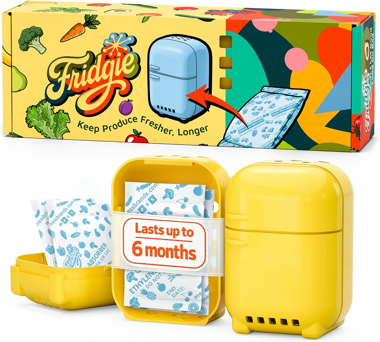 Fridgie Produce Saver, Ethylene Gas Absorber, Fridge Lettuce Keeper - Blue | 4 refill packets, lasts up to 1 year, slows ripening, reduces food waste, crisper drawer, protects berries, herbs, greens