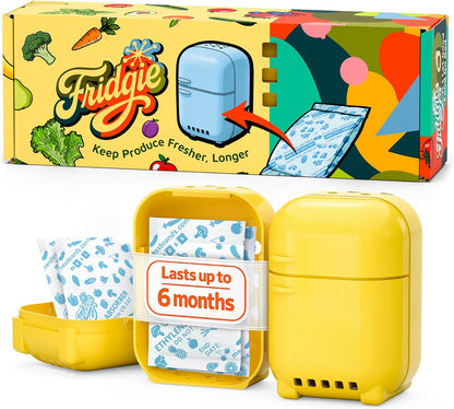 Fridgie Produce Saver, Ethylene Gas Absorber, Fridge Lettuce Keeper - Blue | 4 refill packets, lasts up to 1 year, slows ripening, reduces food waste, crisper drawer, protects berries, herbs, greens