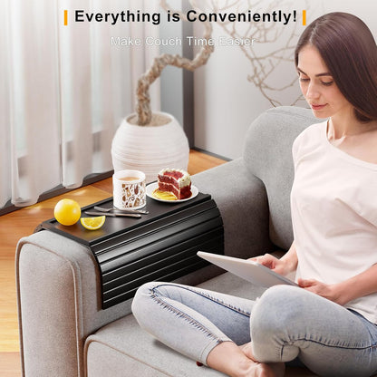 Bestjing Bamboo Sofa Armrest Tray - Couch Arm Tray with Detachable Couch Cup Holder - 2 in 1 Anti-Slip Foldable Sofa Armchair Caddy Table for Drinks Cellphone TV Remote Snacks