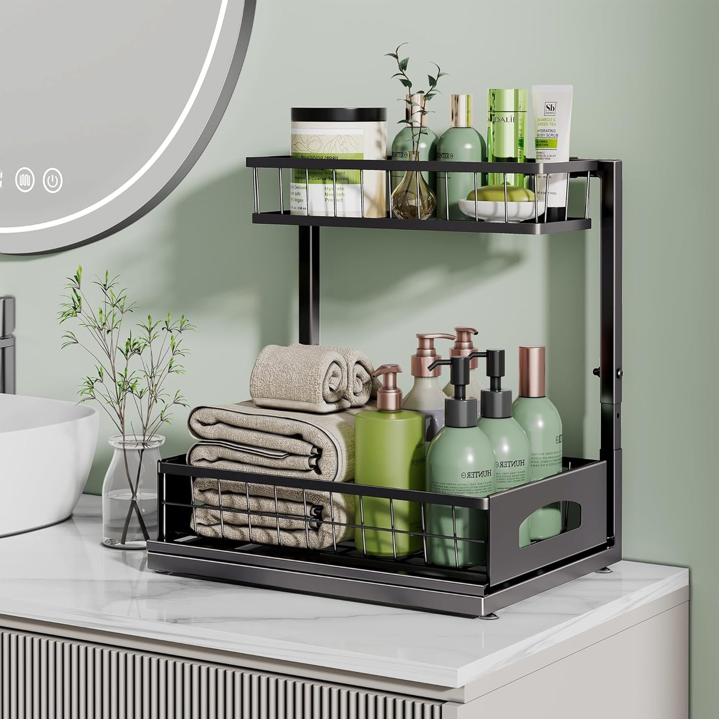Under Sink Organizer, 2-Pack L-Shaped Metal Pull-Out Drawers for Kitchen | Cabinet Organizer Height Adjustable Heavy Duty Metal 2-Tier Storage Fits Beside Common Pipes for Bathroom Pantry
