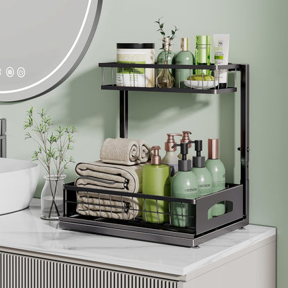 Under Sink Organizer, 2-Pack L-Shaped Metal Pull-Out Drawers for Kitchen | Cabinet Organizer Height Adjustable Heavy Duty Metal 2-Tier Storage Fits Beside Common Pipes for Bathroom Pantry