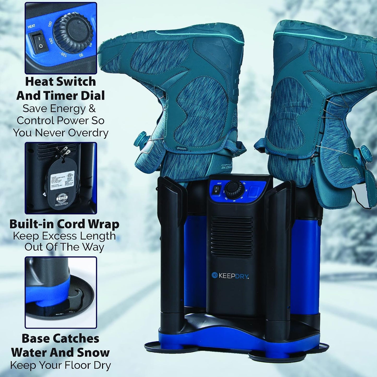 Forced Heat Boot Dryer - Heavy Duty Shoe Dryer with Heat Switch & Timer - Quickly Dry Garments - Collapsible Drying Tubes | 3-hour timer, shutoff option for delicate materials, four adjustable tubes, helmet and hat attachments