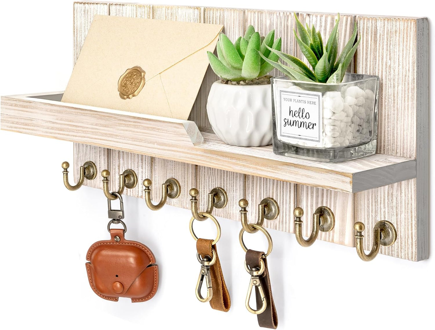 Rebee Vision Key Holder Wall Mount with 5 Key Hooks for Home Decor, Brown | 3.54'' x 10'' x 7.28'', Small Shelf for Display Plant, Key Hangers for Hat, Entryway Space-Saving Storage