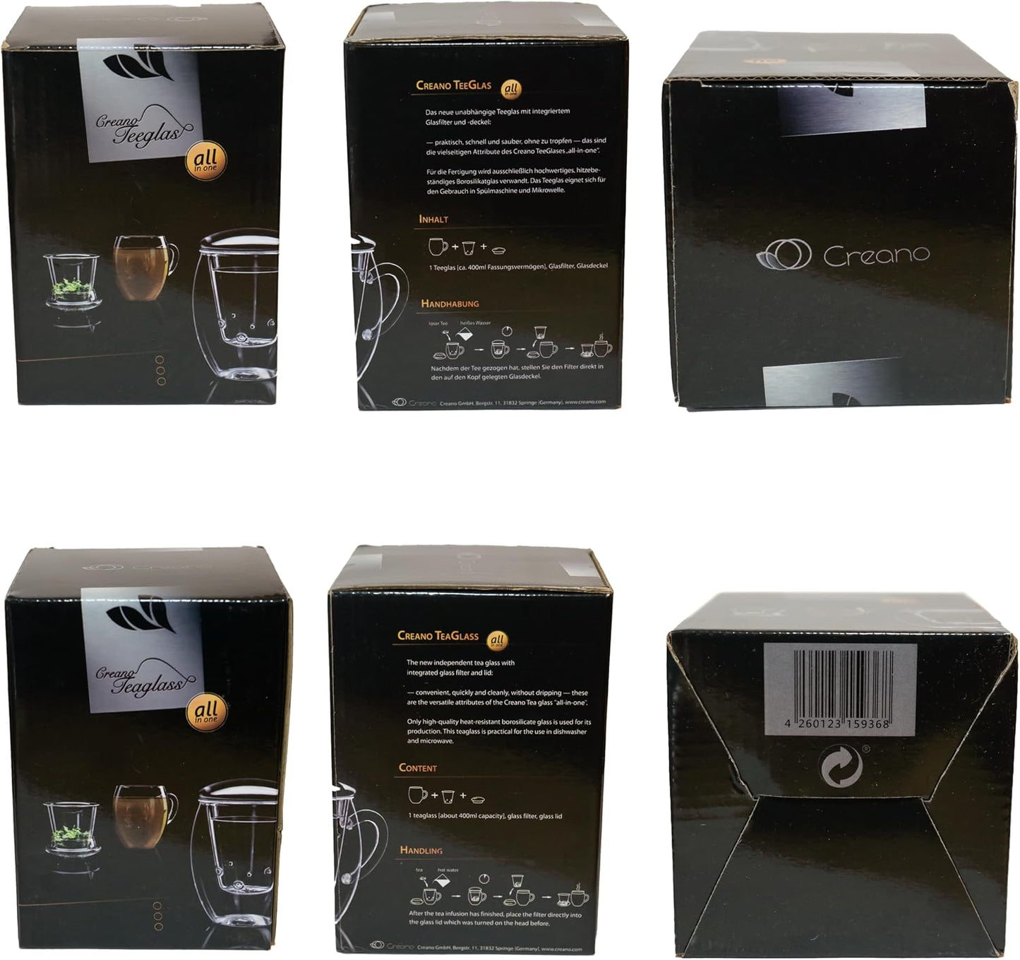 Creano Tea Glass with Infuser and Lid 400ml - Large Tea Cup - Microwave & Dishwasher Safe - Loose Leaf Tea Maker Gift Set