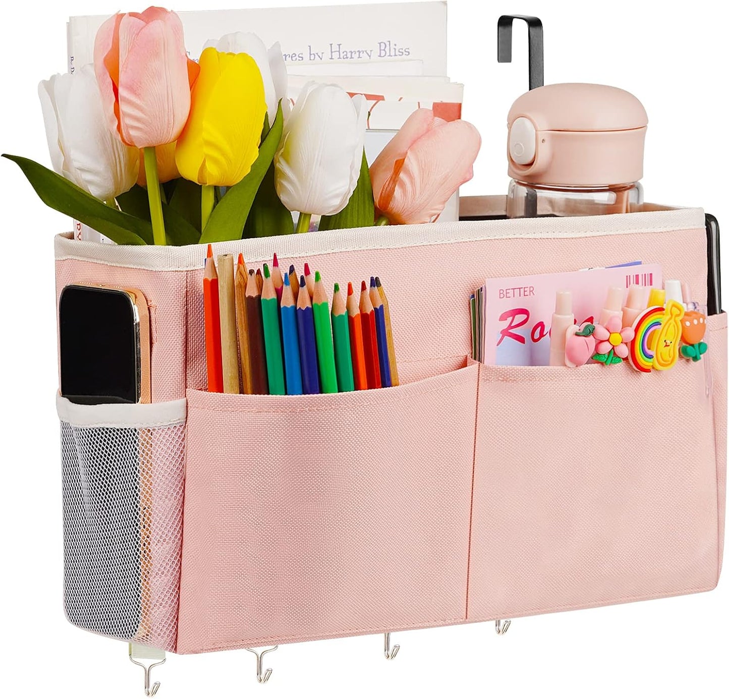 Bedside Caddy Organizer 5 Pockets and 4 Hooks for Bunk Bed Pink | Hanging Storage Bag for Headboards