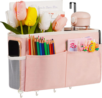 Bedside Caddy Organizer 5 Pockets and 4 Hooks for Bunk Bed Pink | Hanging Storage Bag for Headboards