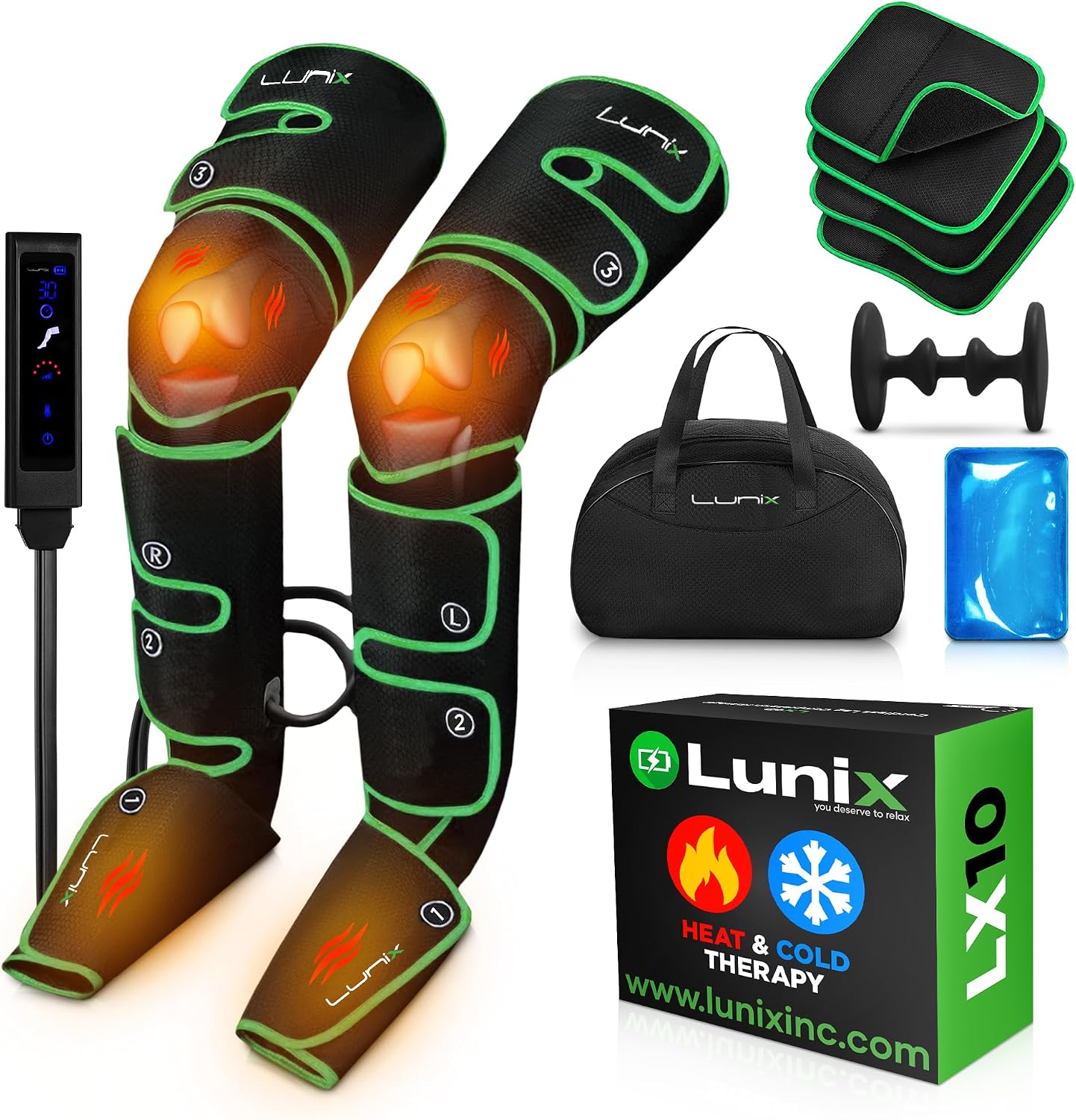 Lunix LX10 Full Leg Massager with Heat & Cold Therapy – Cordless Compression Boots for Circulation, Pain Relief & Recovery – Adjustable Fit with Extra Straps, Touchscreen Remote, Travel Bag