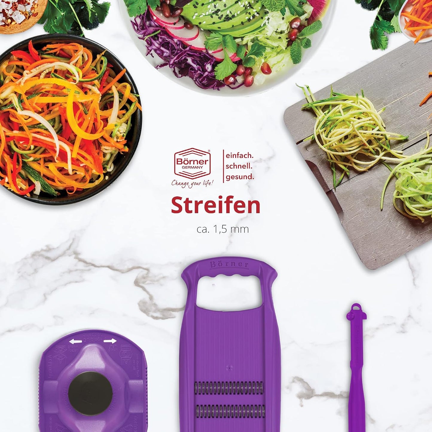 Börner Roko PowerLine Vegetable Slicer Set (2-piece) • Fine Julienne Cutter for Fruit and Vegetables + Safety Guard • Julienne Slicer • Mandoline Slicer Set • Kitchen Slicer (Red)