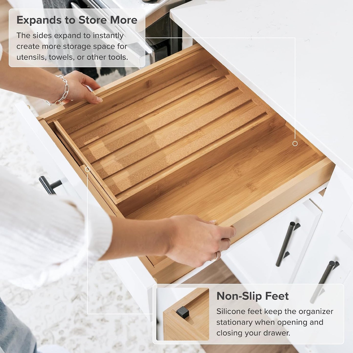 Expandable Spice Drawer Organizer, Bamboo | Holds up to 15 spice jars (not included), non-slip feet, 100% sustainable bamboo wood