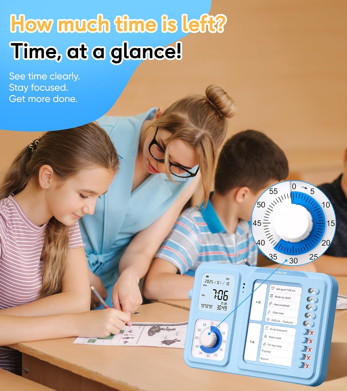 3-in-1 Visual Timer & ADHD Tool for Kids|Adults | Task Timer with Chore Chart Board, Visual Schedule for Kids Autism, Daily Checklist for Home, School, Classroom, Desk (White)
