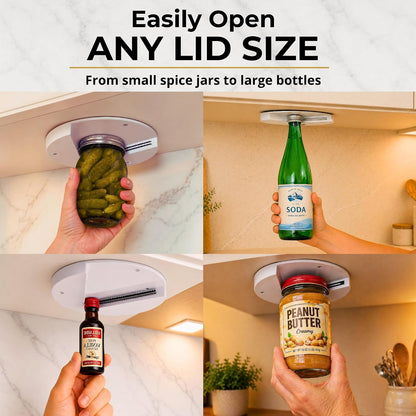 Under Cabinet Jar Opener for Weak Hands and Seniors with Arthritis, One Handed Heavy Duty Bottle and Lid Opener, Under Counter Mount Kitchen Gadget, High-Strength Adhesive and Screws Included