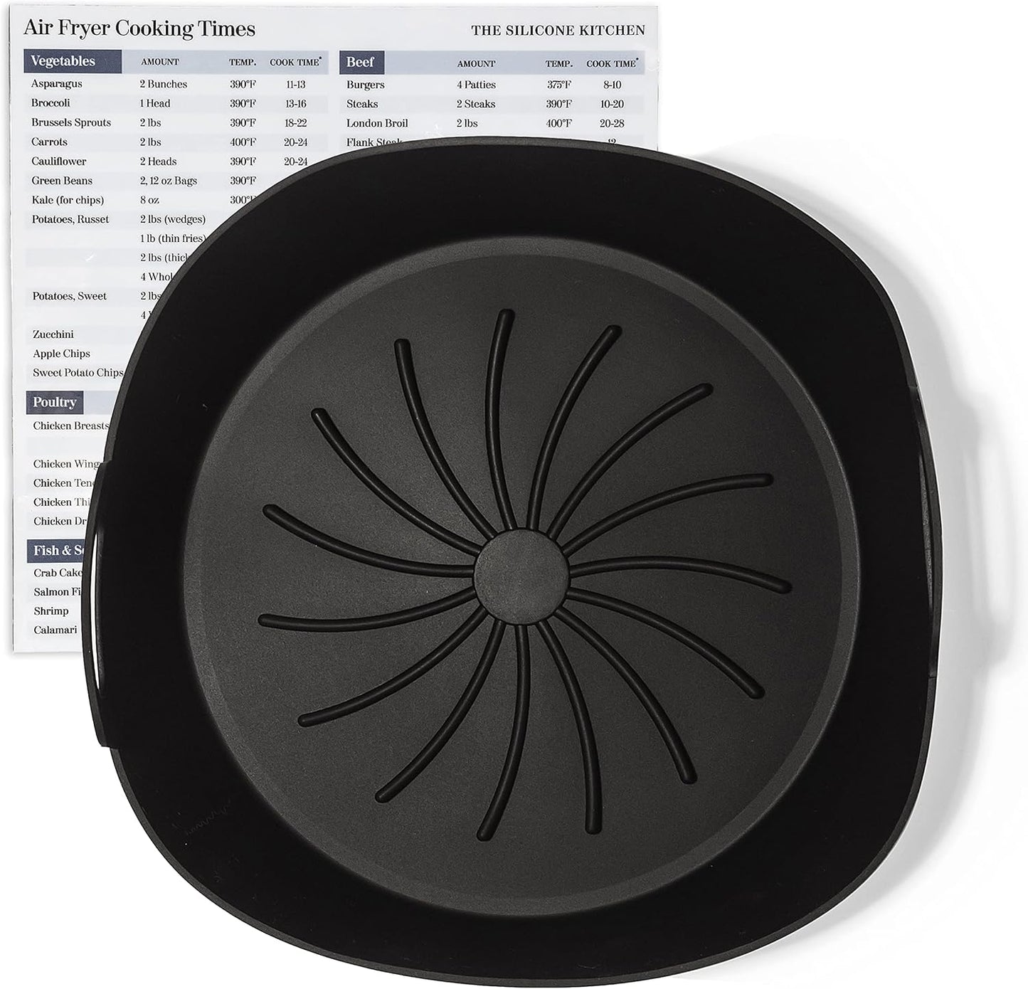 The Silicone Kitchen Reusable Silicone Air Fryer Liner with Conversion Chart Magnet, Dishwasher Safe, BPA Free, 7.5 Inch Diameter, Matte Black