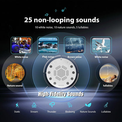 S318 White Noise Machine with 25 Non-Looping Sounds, LED Lights | Memory & Timer, BT 5.3, USB-C Rechargeable Battery, Portable, For Baby, Adults, Sleep, Travel, Home, Office