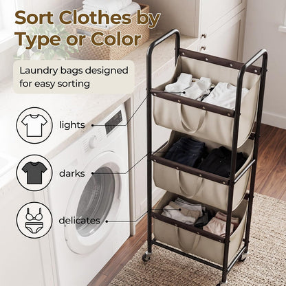 GRANNY SAYS 3 Tiered Laundry Sorter, Narrow Hamper Cart with Wheels | Sturdy 3 Section Laundry Basket with Wheels, Vertical Beige Hamper Cart for Bedroom, Bathroom, Apartment