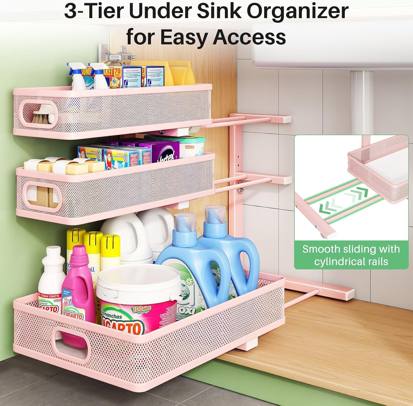 Kitstorack Under Sink Organizer, 2-Pack 3-Tier Height Adjustable Thickened Metal Pull out Cabinet Organizer Shelf, Slide out Storage Drawer Rack for Bathroom Kitchen Pantry Home Laundry Organization