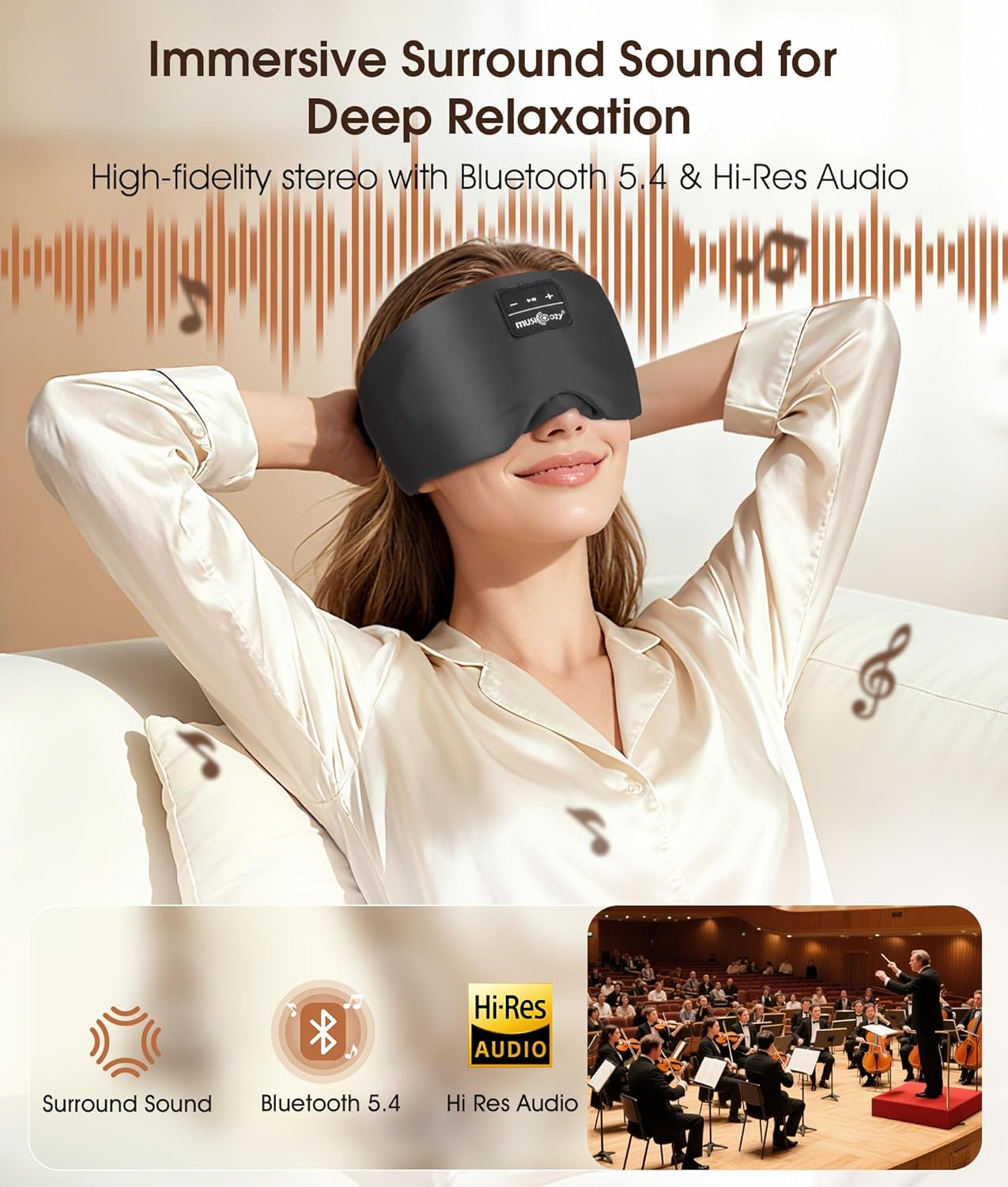 MUSICOZY 3D Mulberry Silk Sleep Mask Bluetooth 5.4 Headphones Full Coverage | Luxury Silk Eye Mask with Blackout Design Ultra Thin Speakers, Side Sleeper Comfort for Travel Relaxation Gifts for Men Women