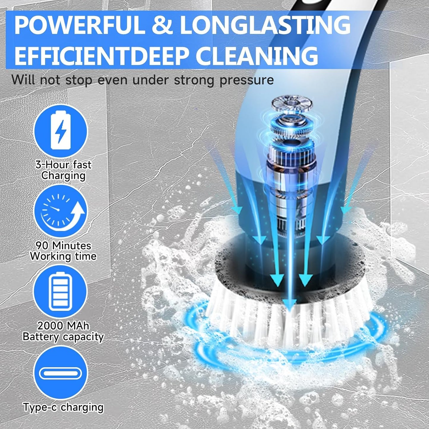 PUNOMO Electric Spin Scrubber for Bathroom & Shower, Power Cleaning Brush | Cordless, IPX7 Waterproof. 2 Speeds & 90-Min Battery, 8 Heads. Extendable Handle Saves Your Back For Tub & Tile Deep Cleaning