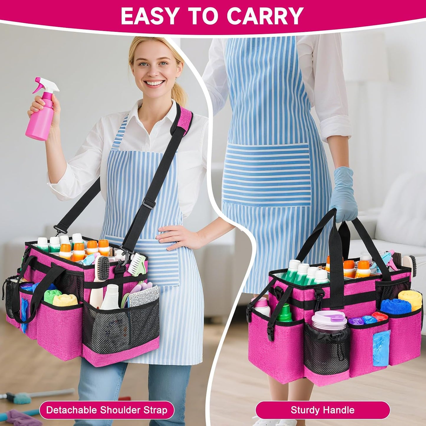 Cleaning Caddy Bag, Extra Large Cleaning Supply Bag for Housekeepers,Black | Sturdy Cleaning Caddy Organizer for Cleaning Supplies with Handle and Adjustable Shouder Strap, Easy to Clean Design