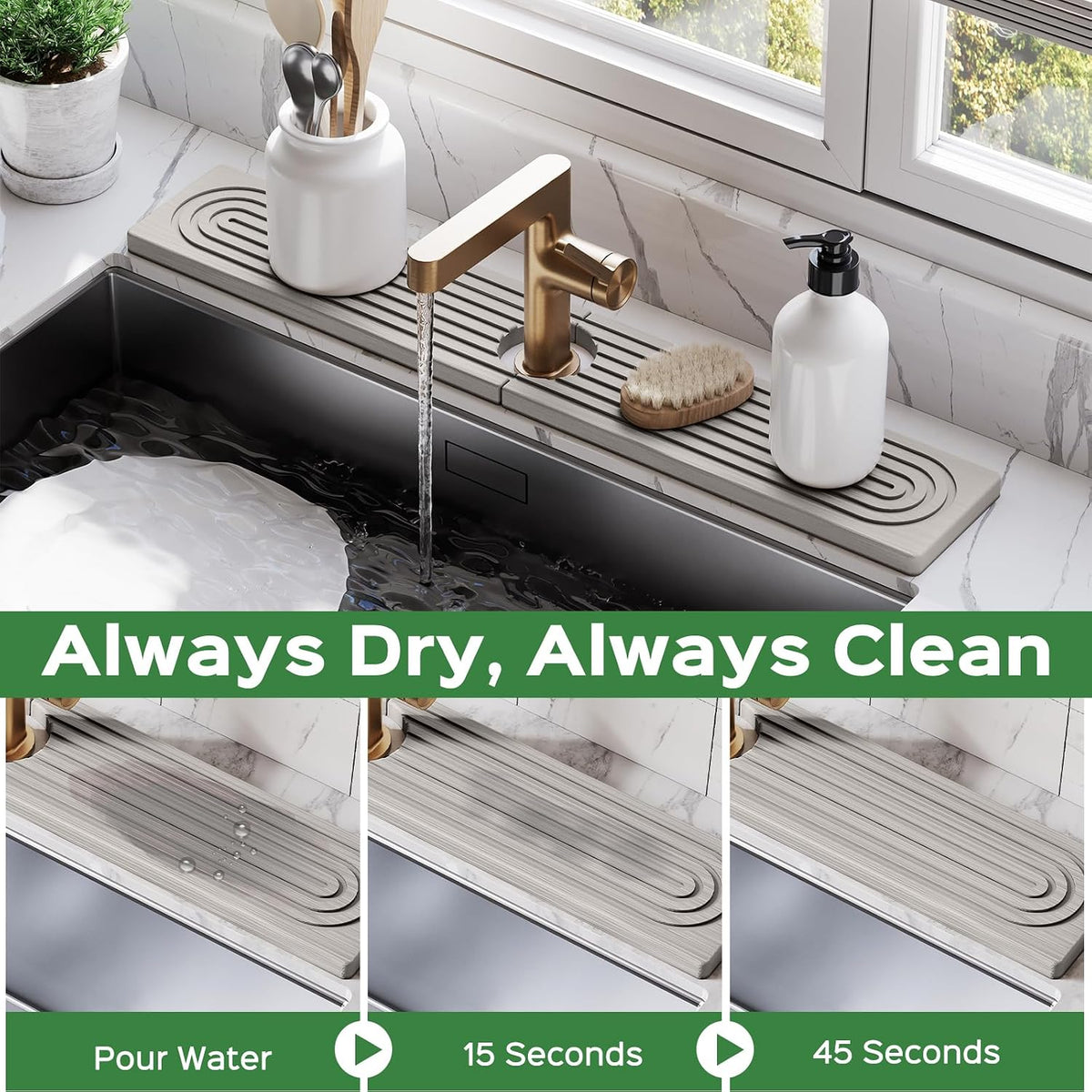 23.6 Inch Stone Faucet Mat for Kitchen Sink Splash Guard - Diatomite Quick Dry Stone Mat Kitchen Sink Protectors, Water-Absorbent Faucet Handle Drip Tray(White, 23.6" x 3.9")
