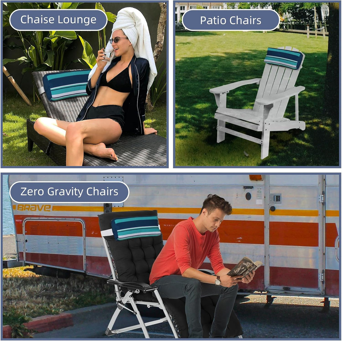Chaise Lounge Head Pillow, 2 Pack Outdoor Patio Pillows with Adjustable Strap, Lounge Head Resting Pillow for Recliner Beach Pool Lounger Office Chair，Water Resistant Gray
