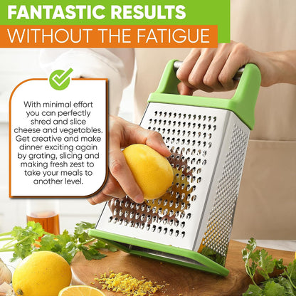 Spring Chef Stainless Steel XL Cheese Grater for Kitchen, Green | 4 Sided Manual Metal Box Grater for Carrot, Potato, Cabbage, Cheese Shredder, Professional Vegetable Grater, Dishwasher Safe