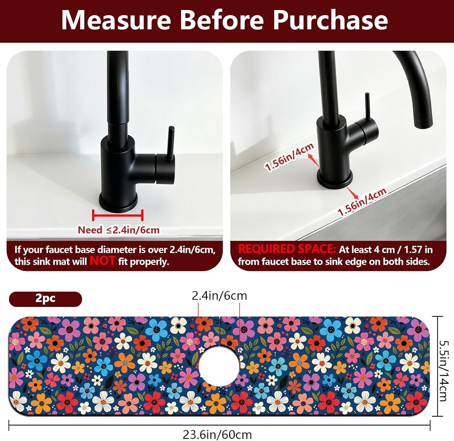 2 Pcs Kitchen Sink Splash Guard Faucet Mat Wood Grain Pattern Faucet Mat for Sinks Natural Wood Color Absorbing Drying Mats for Kitchen Bathroom, 23.6x5.5inch