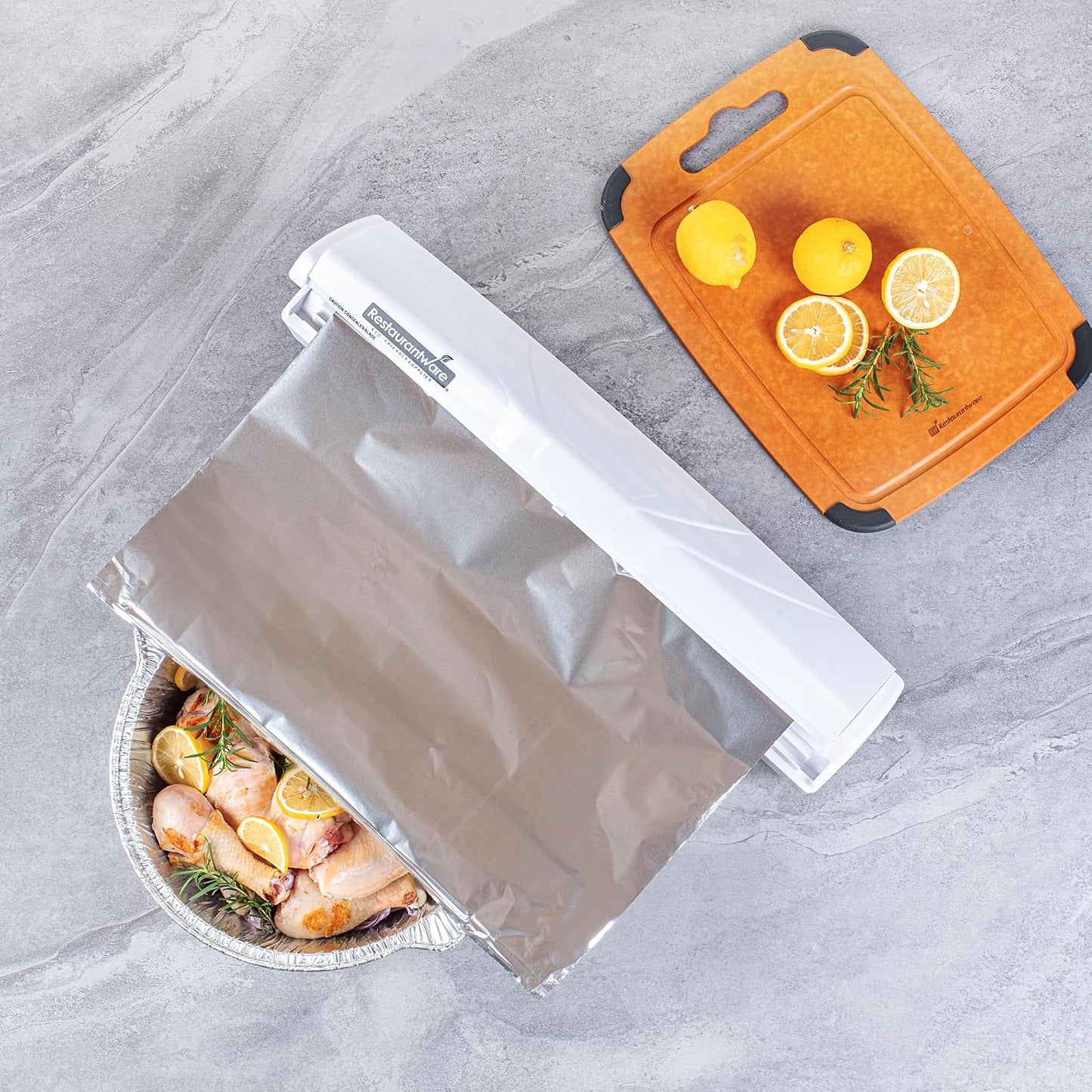Restaurantware-Chef 101 Food Wrap Dispenser with Cutter, 1 Refillable Cling Wrap Dispenser - Fits 12” to 18” x 1000’ Rolls, Press Down and Cut, White Plastic Aluminum Foil, Sharp Blade